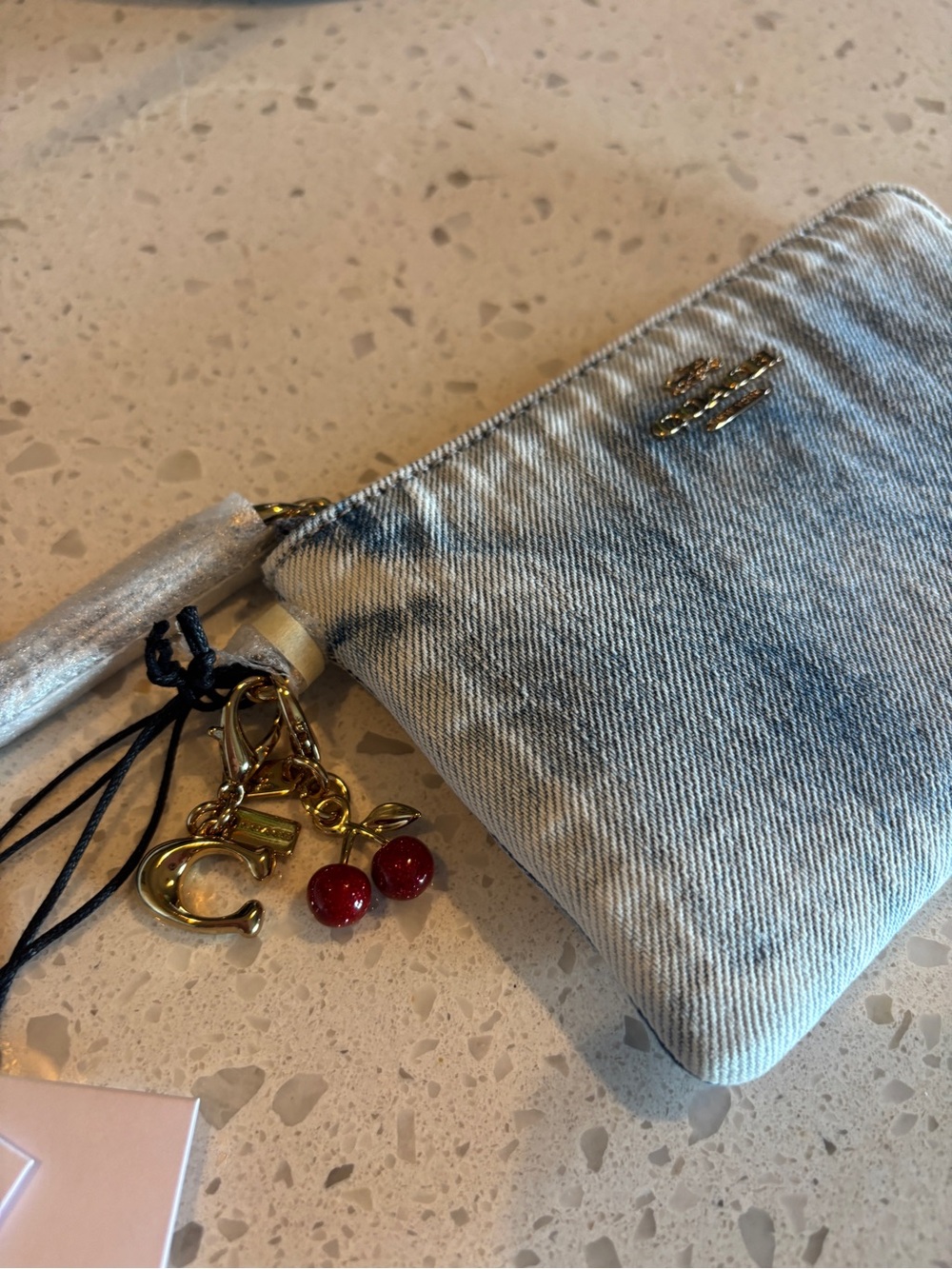 Coach Loved Denim Blue Wristlet Bag with Gold Logo and Cherry Charms! 🍒 NEW - Picture 5 of 8